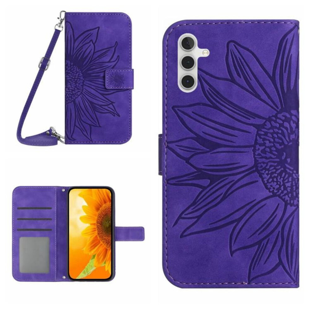 Sunflower Embossed Pu Leather Flip Wallet Case With Magnetic Closure, Card Slots & Hanging Rope For Samsung Galaxy S25 Fe 5G 6.7" – Deep Purple 9193271795162