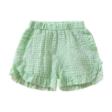 Småbørnsbabypige flæseshorts med tern og elastisk talje, seersucker shorts, bukser, underdele, afslappet sommeroutfit, grøn, 3-4 år
