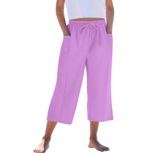 Teen Girls Capris Pants Summer Loose Comfy Cotton Linen Straight Wide Leg Drawstring Elastic Waist Solid Cropped Pant Purple 8-9 Years