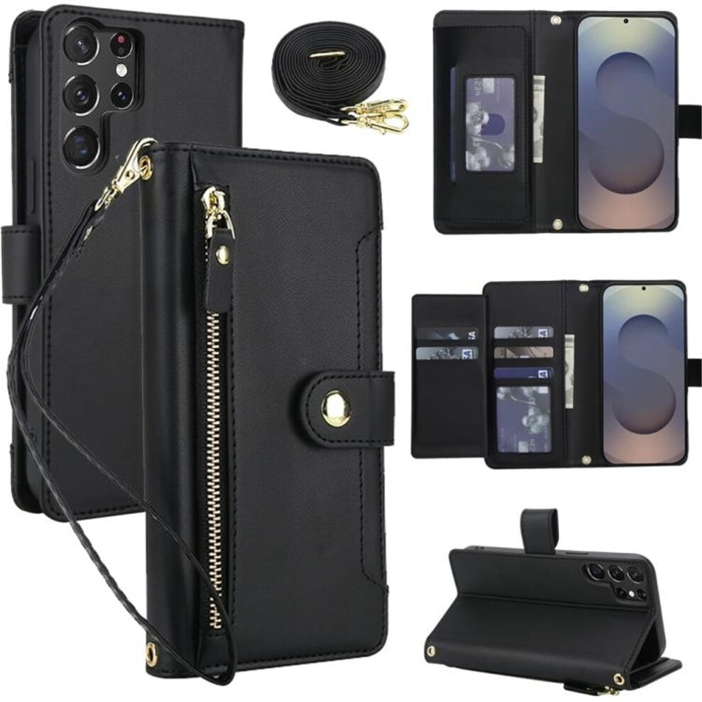 Rfid-Blocking Wallet Case For Samsung Galaxy S22 Ultra 5GâMulti-Card Slots, Zipper Pocket, Detachable Straps, Shockproof, Black 9418476653636