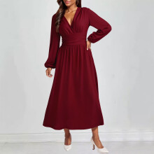 Women's V-Neck Solid Color Lantern Sleeve Dress High Slit Stretchy Casual Daily Wear