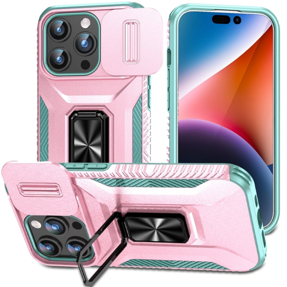 Slim Shockproof Hybrid Case For Iphone 15 Pro MaxâSlide Camera Cover & Rotating Ring Kickstand, Military-Grade, Pink/Green 9193271795223