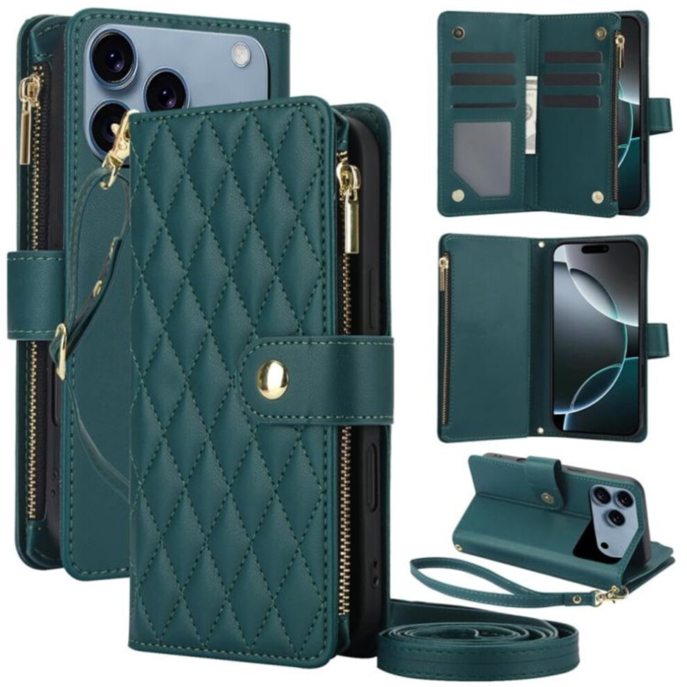 Rfid-Blocking Flip Wallet Case For Iphone 17 Pro 6.3" Â With Card Slots, Kickstand, Wrist Strap, Lanyard & Zipper Green 9418476653520