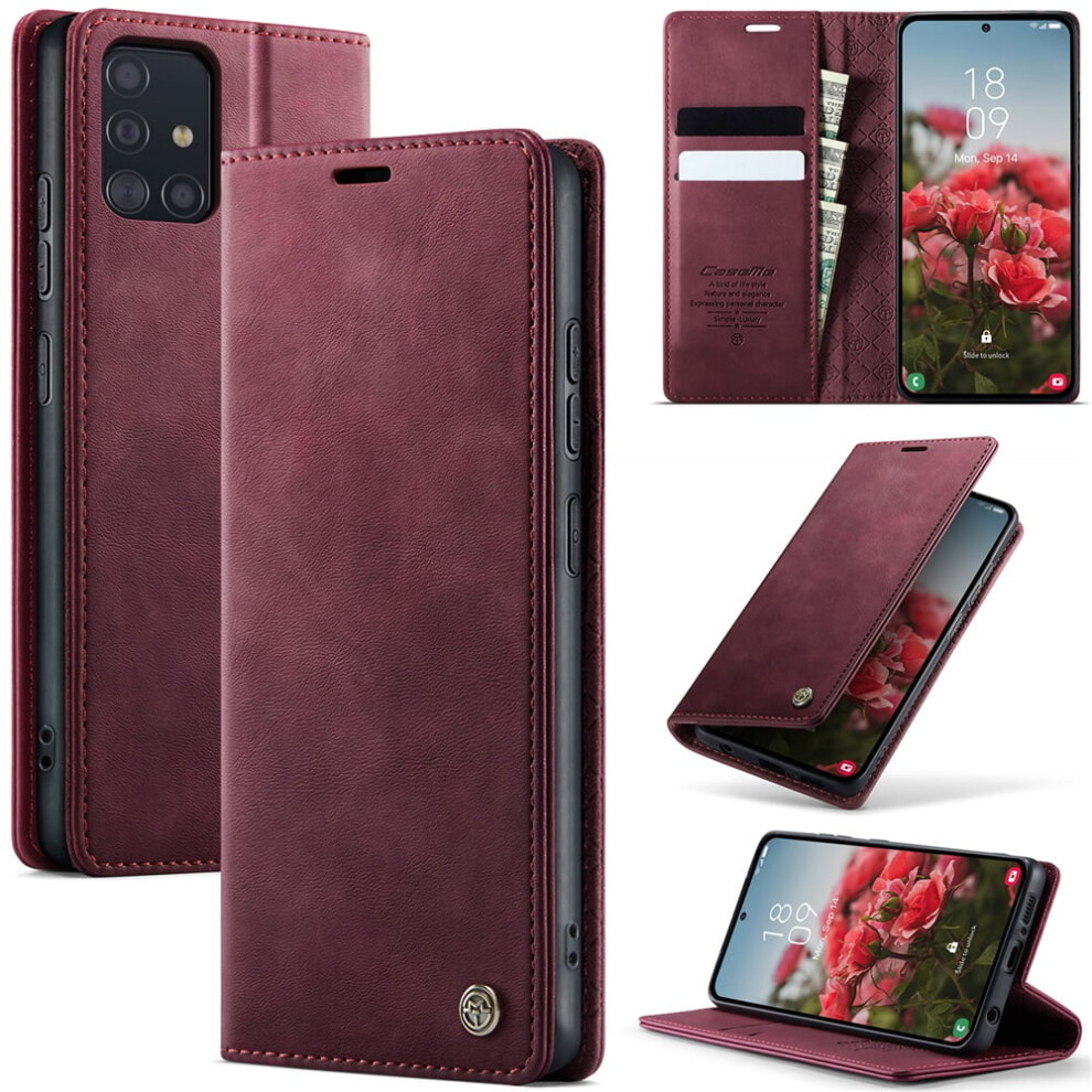 Caseme Calf Leather Wallet Case For Samsung Galaxy A51 4G 6.5", Rfid Blocking, Magnetic Closure, Card/Cash Slots, Kickstand, Shockproof, Red 9418476654275