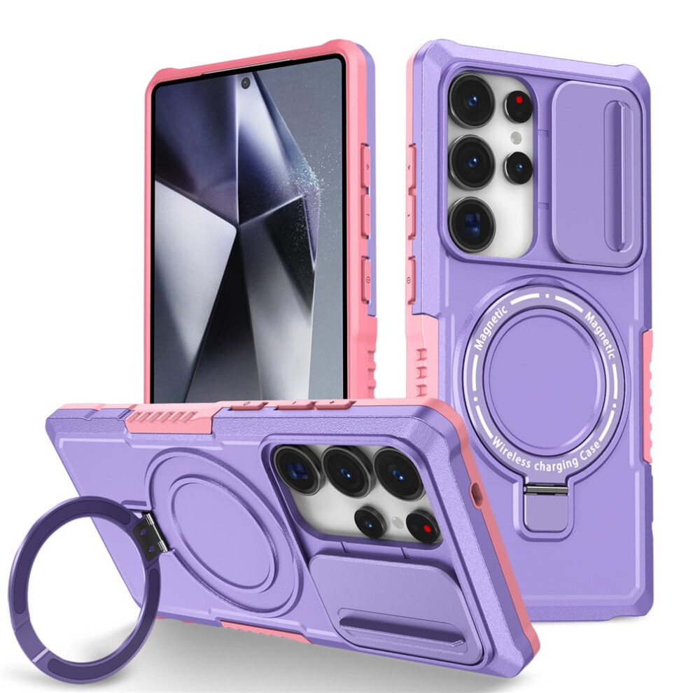 Shockproof Case For Samsung Galaxy S25 Ultra 6.9" Â Sliding Camera Cover, Magsafe Compatible, Hidden Kickstand & Ring Holder Purple 9418476655586