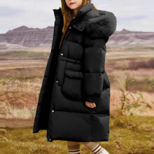 Girls 5-16Y Thick Fleece-Lined Hooded Parka with Pockets, Windproof Longline Winter Coat Warm Casual Outerwear