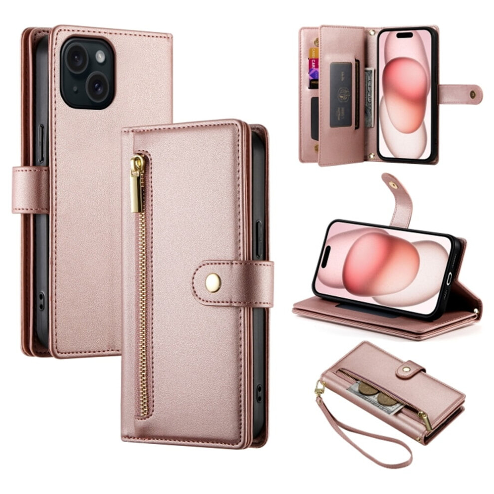 Leather Wallet Case For Iphone 15 (6.1"), Multi-Card Slots, Zipper Pocket, Lanyard Strap, Wristlet Â Compatible With Iphone 15 Pink 9418476656460