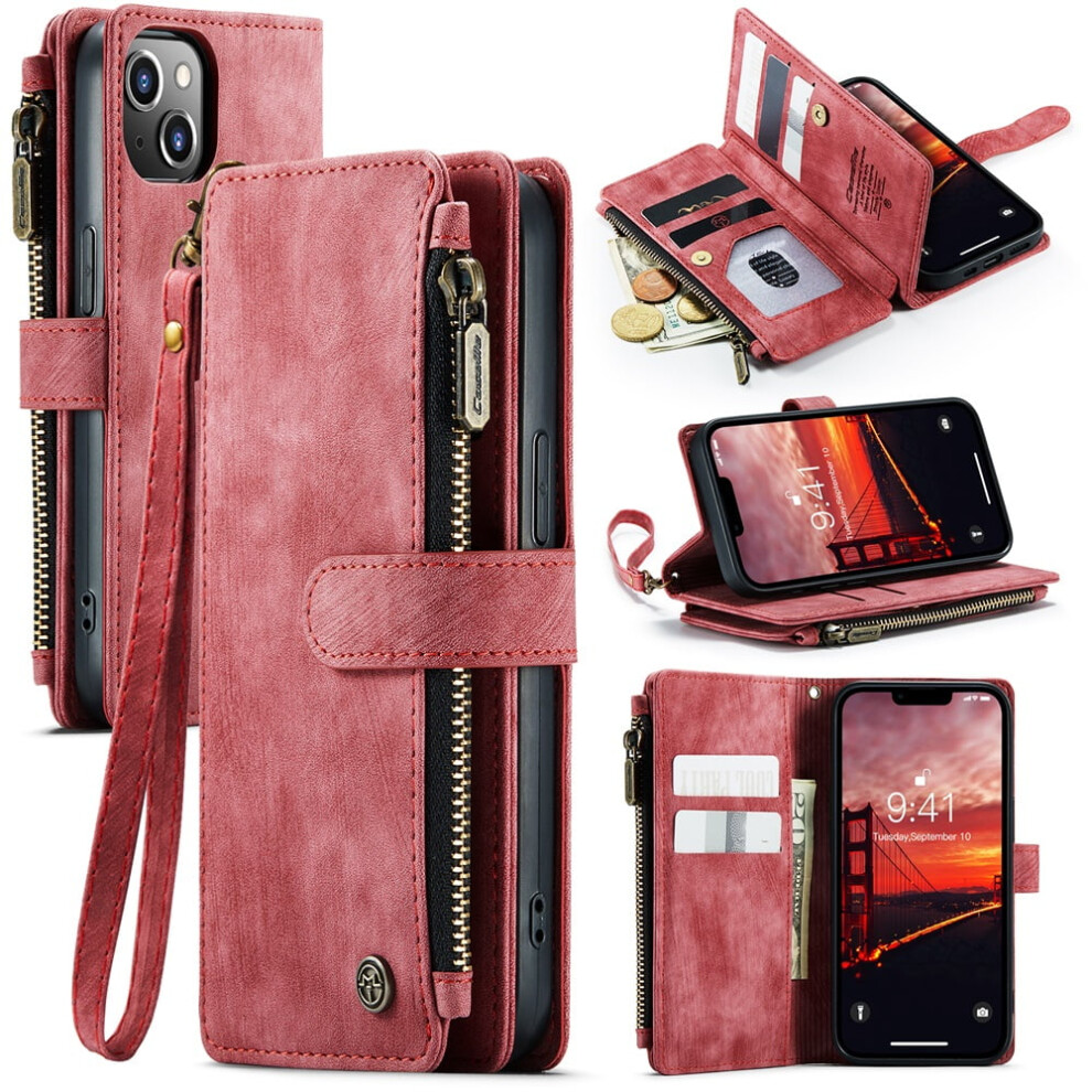 Caseme Iphone 14 Wallet Case Â Pu Leather Magnetic Flip, Lanyard & Zipper Card Holder, Compatible With Iphone 14 6.1" Red 9152228489110