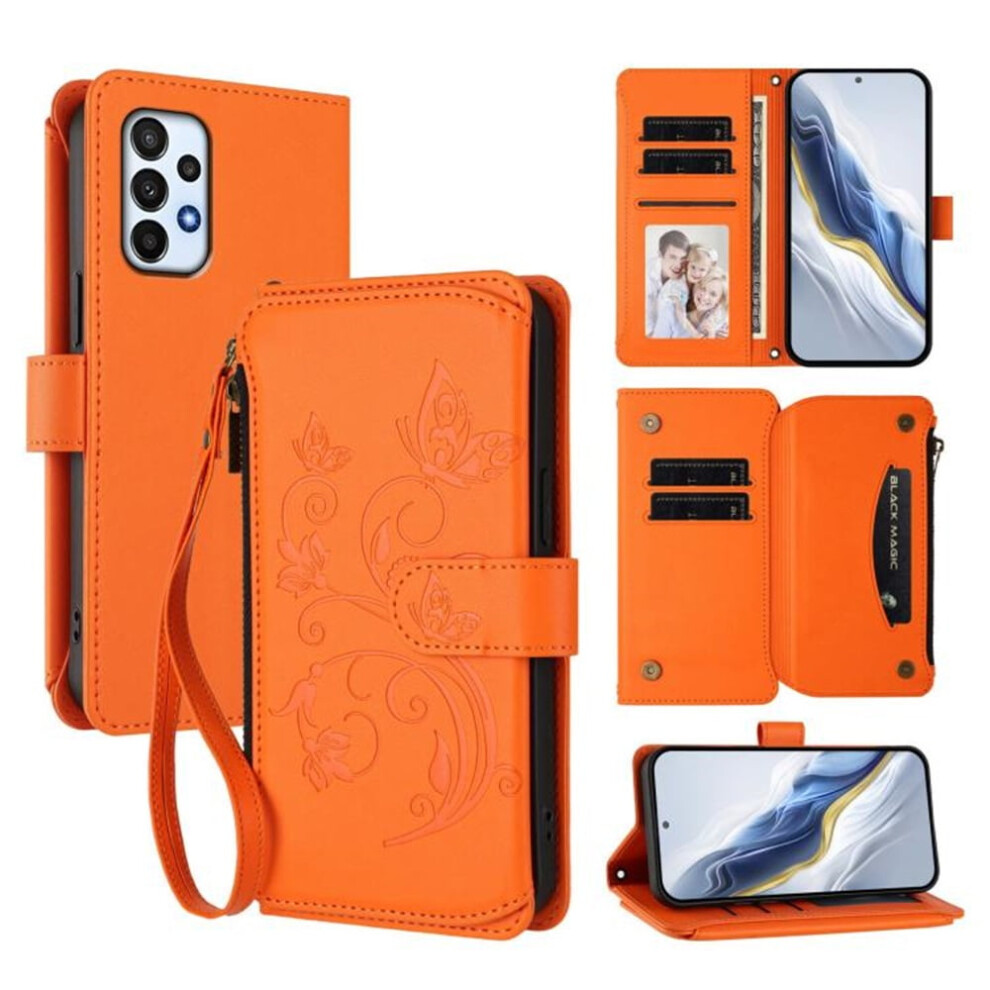 Magnetic Clasp Flip Stand Case For Compatible With Samsung Galaxy A73 5G Â Lanyard, 5-Card Holder, Butterfly Flower Zipper Wallet Orange 9418476655050