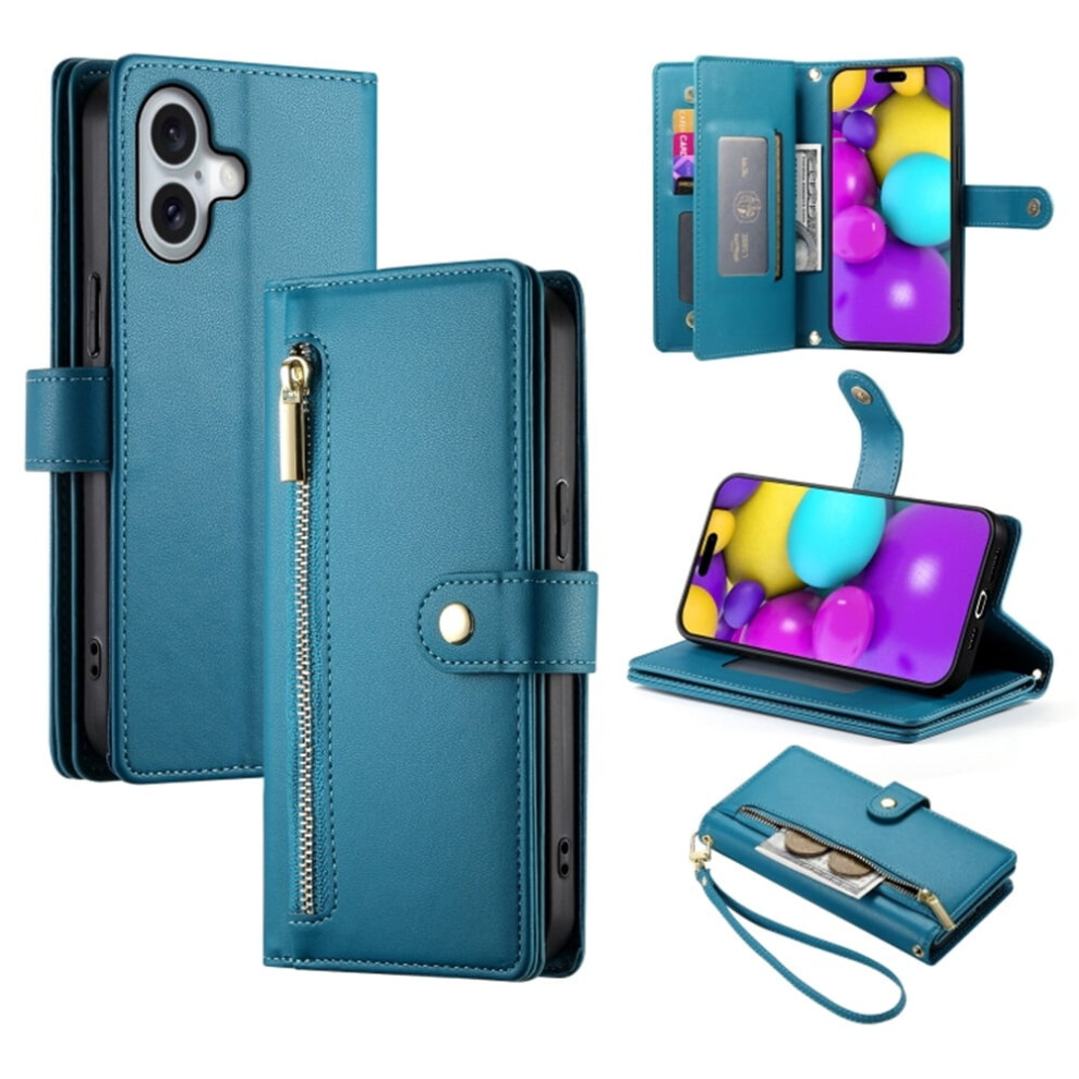 Leather Wallet Case For Iphone 16 Plus 6.7" Â Multi-Card Slots, Zipper Pocket, Lanyard Strap, Compatible With Iphone 16 Plus Blue 9152228489196