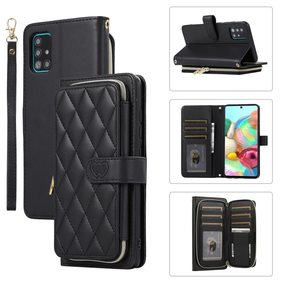 Luxury Leather Wallet Case For Samsung Galaxy A71 4G (6.7") Â 9 Card Slots, Zipper Purse, Wrist/Shoulder Strap, Stand, Checkered Design, Black 9152228492424