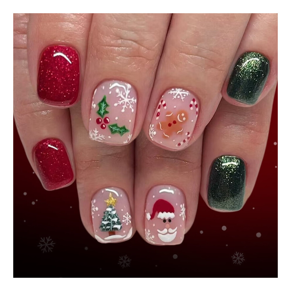 24Pcs Christmas Press-on Nails, Snowflake Design, Short Square Fake Nails with Gel Glue â Compatible with Acrylic & Manicure