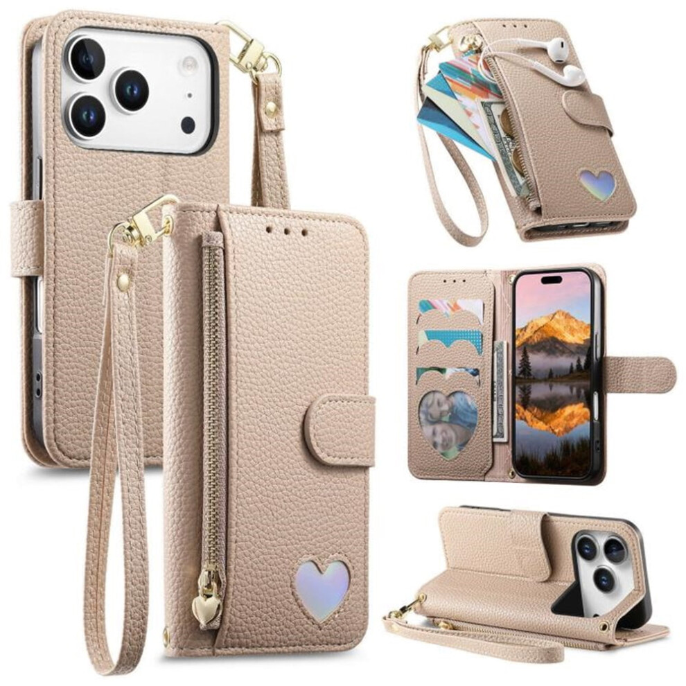Iphone 17 Pro Leather Wallet Case With Heart Zipper Pouch 9170372617043