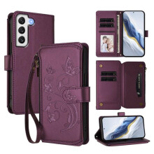 Hoesje met magnetische sluiting en standaard voor Samsung Galaxy S22 5G – Donkerpaars, inclusief draagkoord, kaarthouder voor 5 kaarten en vlinder-