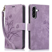 Leren flip-wallet hoesje compatibel met Samsung Galaxy A36 5G – Orchideeën en vlinders in reliëf, 3-kaartshouder, magnetische sluiting, paars