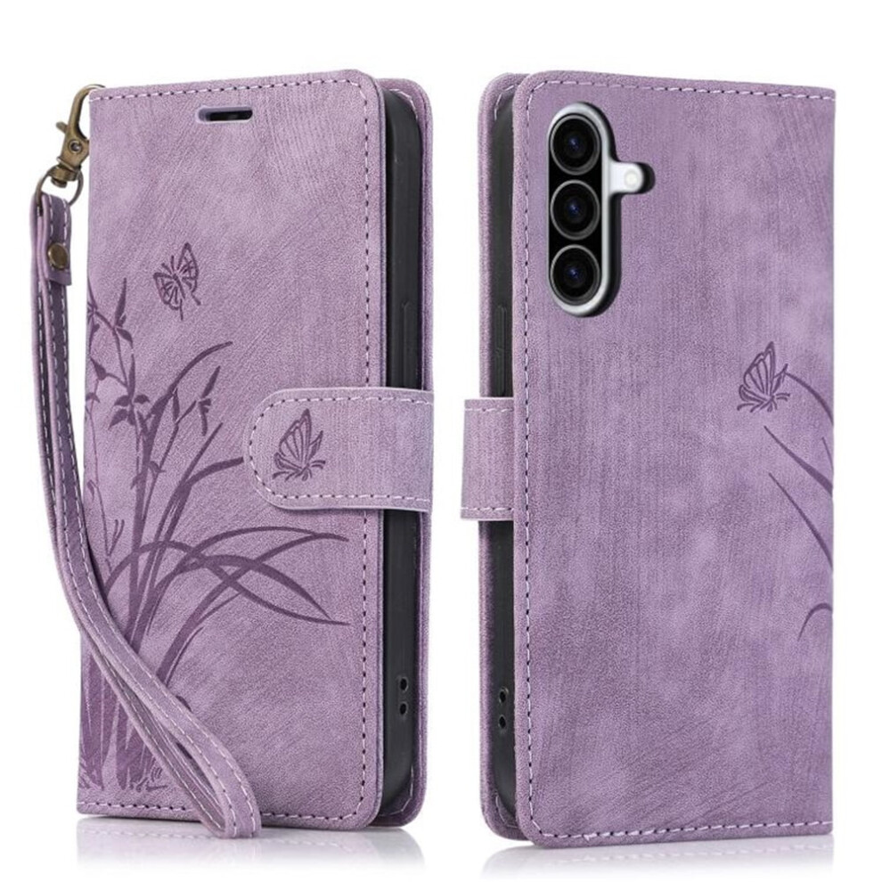 Leather Flip Wallet Case For Compatible With Samsung Galaxy A36 5G Â Orchids & Butterflies Embossed, 3-Card Holder, Magnetic Closure, Purple 9130661886734