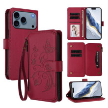 Hoesje met magnetische sluiting, standaard, draagkoord en 5-kaarthouder, compatibel met iPhone 17 Pro Max – Rode leren portemonnee