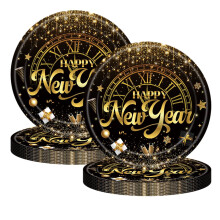 20Pcs Chinese New Year Paper Plates,7" Black and Gold Spring Festival Eve Party Decorations,Disposable Holiday Party Supplies