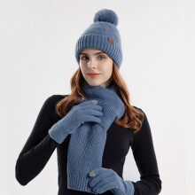 Women's Pom Pom Beanie Set with Fleece-Lined Hat, Knit Scarf & Gloves – 3-Piece Matching Winter Ski Accessories Gift Set (Blue)