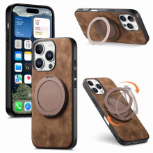 Geschikt voor iPhone 16 Pro. Retro leren hoesje met ronde, draaibare standaard en schokbestendige eigenschappen, bruin.
