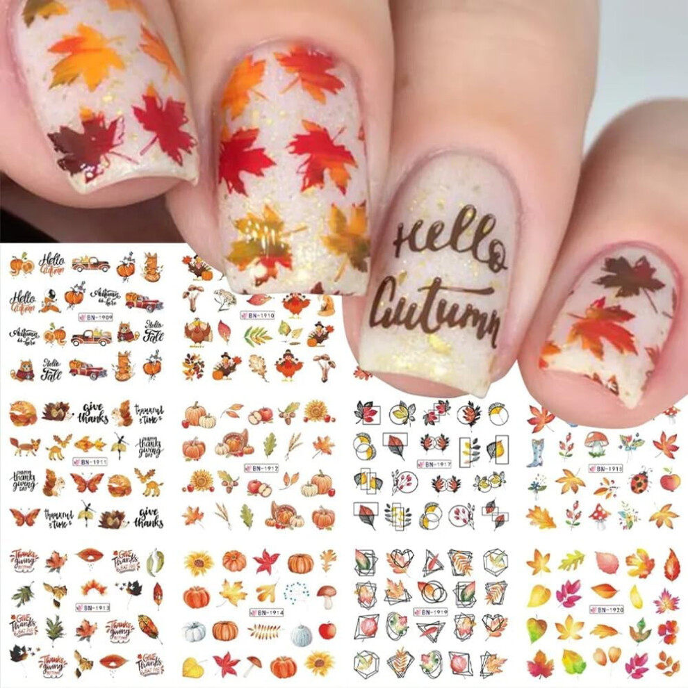 4 Sheets Fall Nail Art Stickers: Maple Leaves, Turkey, Pumpkin â Compatible with Acrylic Nails