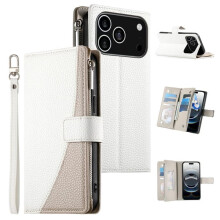 iPhone 17 Pro 6,3" PU lederen flip-wallet met magnetische sluiting, meerdere kaartsleuven, ritsvak en ophangkoord – wit
