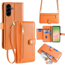 Leren portemonneehoesje voor Samsung Galaxy A56 5G 6,7" – 6-kaartshouder, vak met ritssluiting voor bankbiljetten, zachte schapenvachtband –