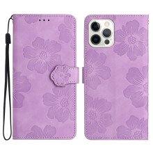 Leren flipcase voor iPhone 15 Pro Max – Bloemenreliëf, 3 kaarthouders, magnetische sluiting, afneembaar polsbandje, schokbestendig, paars