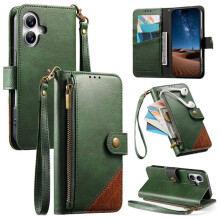 iPhone 16 Wallet voor dames en heren – Patchwork PU-leren magnetische flipcase met draagkoord, polsbandje en kaarthouder met ritssluiting