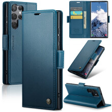 CaseMe leren portemonneehoesje compatibel met Samsung Galaxy S25Ultra5G – RFID-blokkering, magnetische sluiting, standaard, blauw