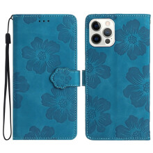 Leren flipcase voor iPhone 12 Pro Max – Bloemenreliëf, 3 kaarthouders, magnetische sluiting, afneembaar polsbandje, schokbestendig, blauw