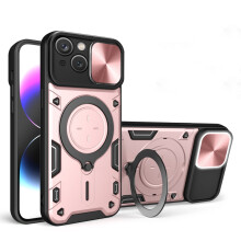 Stevige hoes voor iPhone 15 Plus 6,7 inch, met schuifbare lensbescherming, magnetische autohouder, robuuste schokbestendige hoes van PC+TPU, roze