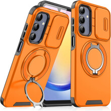 Schokbestendige hoes van militaire kwaliteit voor Galaxy A05S met standaard, magnetische draaibare ringhouder, TPU+PC valbescherming (oranje) –