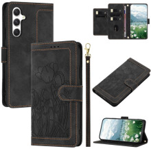 Leren flip-wallet hoesje compatibel met Samsung Galaxy S24FE5G – Tulpenreliëf, 5-kaartshouder, magnetische sluiting, zwart