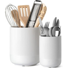 Ensemble de 2 porte-ustensiles en céramique, 18,5 cm + 13,7 cm, blanc, décoration moderne pour plan de travail, compatible avec spatules et