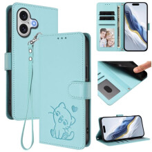 Leren portemonneehoesje voor iPhone 17 6,3" – Kaarthouder, polsbandje, schokbestendige standaard, reliëf Love Cat, mintgroen