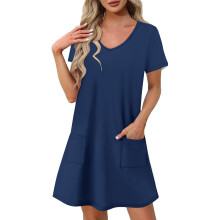 Dunkelblaues Kurzarmkleid für Damen, Sommer/Herbst, V-Ausschnitt, Spandex, Midi, Brunch, schlicht, Damenmode 2026, Trendy Country Concert Y2K L