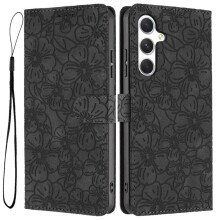 Flip-wallet van leer met kersenbloesemreliëf voor Samsung Galaxy A56 5G – Magnetische sluiting, 3-kaartshouder, zwart