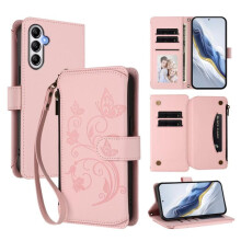 Hoesje met magnetische sluiting en standaard voor Samsung Galaxy A14 4G/5G, inclusief draagkoord, kaarthouder voor 5 kaarten en portemonneetje met