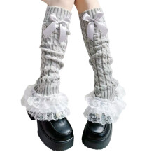 Polainas femininas elegantes com babados em camadas e acabamento em renda, em tricô trançado, sem pé e com laço.