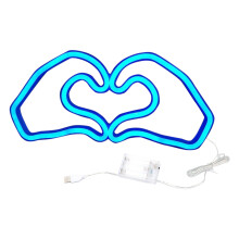 Luz de néon azul em formato de coração com LED para decoração de quarto no Dia dos Namorados, criando uma atmosfera romântica. Alimentação