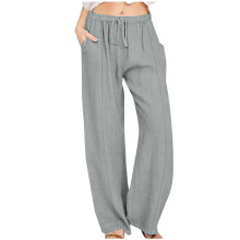 Calças Palazzo Femininas Casuais com Cordão, Calças Fluidas de Pernas Largas para o Verão na Praia em Linho com Bolsos