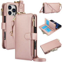 Magnetische flip-wallet met RFID-blokkering voor iPhone 16 Pro, met meerdere kaartsleuven, ritsvak, metalen ring en afneembare schouder- en