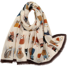Lenço feminino com estampa de gato, 180x85cm, xale macio com franjas para outono/inverno, viagens e proteção contra sol/vento – compatível com