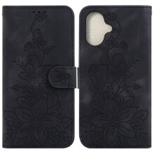 iPhone 16 Plus 6,7 inch PU lederen flip-wallet met sterke magnetische sluiting, kaartsleuven, lelie-reliëf – zwart, compatibel met iPhone 16 Plus