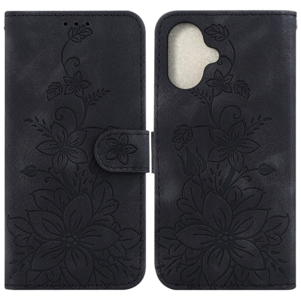 Iphone 16 Plus 6.7" Pu Leather Flip Wallet Case With Strong Magnetic Closure, Card Slots, Lily Embossed – Compatible With Iphone 16 Plus Black 9130661890861