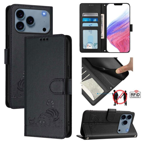 Capa carteira flip em couro PU com bloqueio RFID para iPhone 17 Pro de 6,3 polegadas, com estampa de gato, ímã forte, compartimentos para cartões,