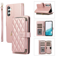 Portemonneehoesje voor Samsung Galaxy S24 5G (6,2 inch), met pols-/schouderband, 9 kaartsleuven, ritsvakje, luxe leren standaard, geruit design, roze