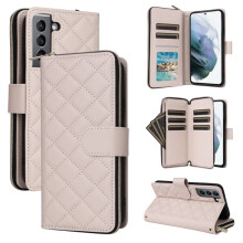 Compatibel met Samsung Galaxy S21 5G Wallet Case – Magnetische flipcover, 9 kaartsleuven, ritsvak, afneembare schouder- en polsband, beige