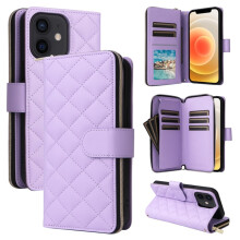 Magnetisk lommebokdeksel til iPhone 12mini: 9 kortspor, glidelåslomme, avtakbare skulder- og håndleddsstropper, lilla